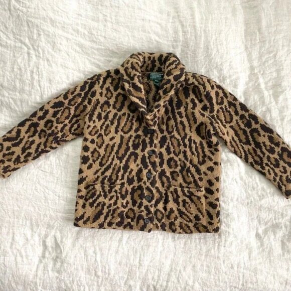 Vintage Ralph Lauren Wool Leopard Sweater Coat Hand Knit Button Down PL X Small - Picture 1 of 7